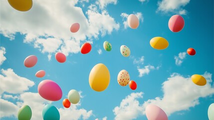 Colorful floating easter eggs in blue sky with white clouds and bright sunlight during spring celebration