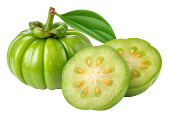 Fresh Garcinia Cambogia Fruit PNG – Whole and Sliced Isolated on Transparent Background