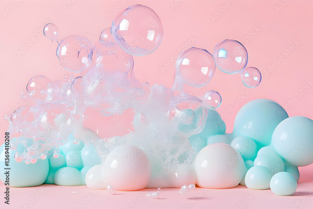 Poster 3d render of pastel-colored bubbles floating and splashing on pink background