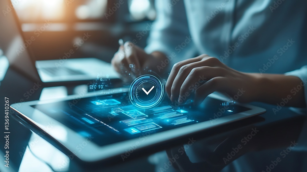 Poster hands touching tablet with checkmark hologram digital interface concept