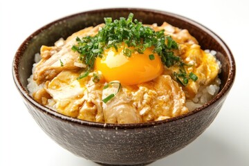 A beautifully plated oyakodon (chicken and egg rice bowl) with golden egg topping, rustic presentation, isolated on white.