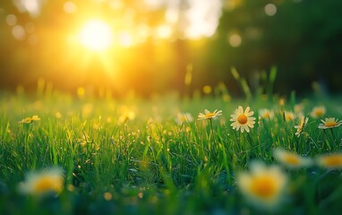 Vibrant summer meadow with green grass under the sun, blurred wild field in the background, and open space for copy or text placement