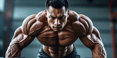 Professional bodybuilder intensely focused during training session, showcasing extreme muscular definition, dedication, and elite physical conditioning
