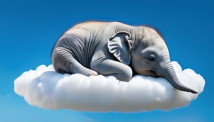 A dreamy baby elephant floating on a cloud under a radiant blue sky