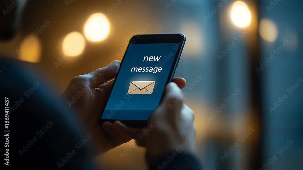Poster man holding smartphone with new message notification on blue screen display