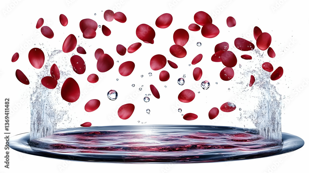 Poster 3d render of red rose petals falling into water with splashing fountains, abstract background image
