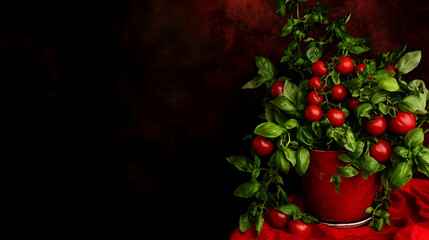 Vibrant Red Tomatoes and Lush Basil in a Red Pot Still Life Photography against a Dark Background
