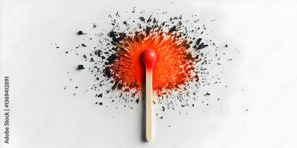 Poster abstract photography of a lit match exploding into a burst of red and black ash on white background