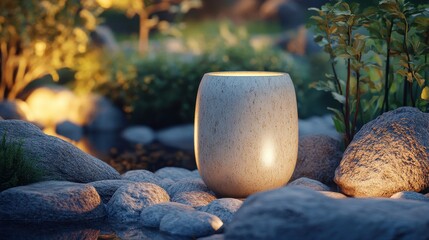 Cylindrical ceramic jar mockup, softly lit within a tranquil rock garden with natural earth-toned textures.