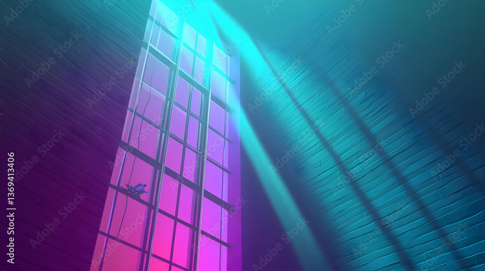Poster abstract neon window: digital art of a large window with a pink and teal gradient, illuminated by br