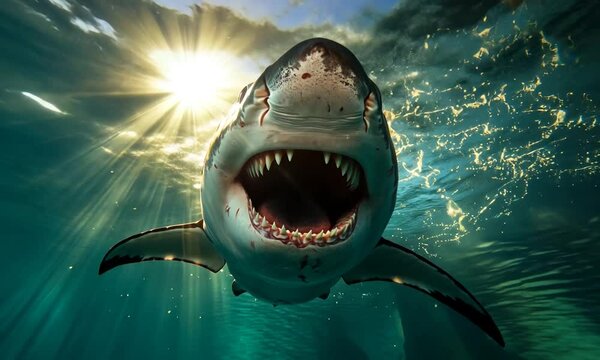 Majestic great white shark swimming beneath sunlit ocean surface, showcasing its powerful jaws