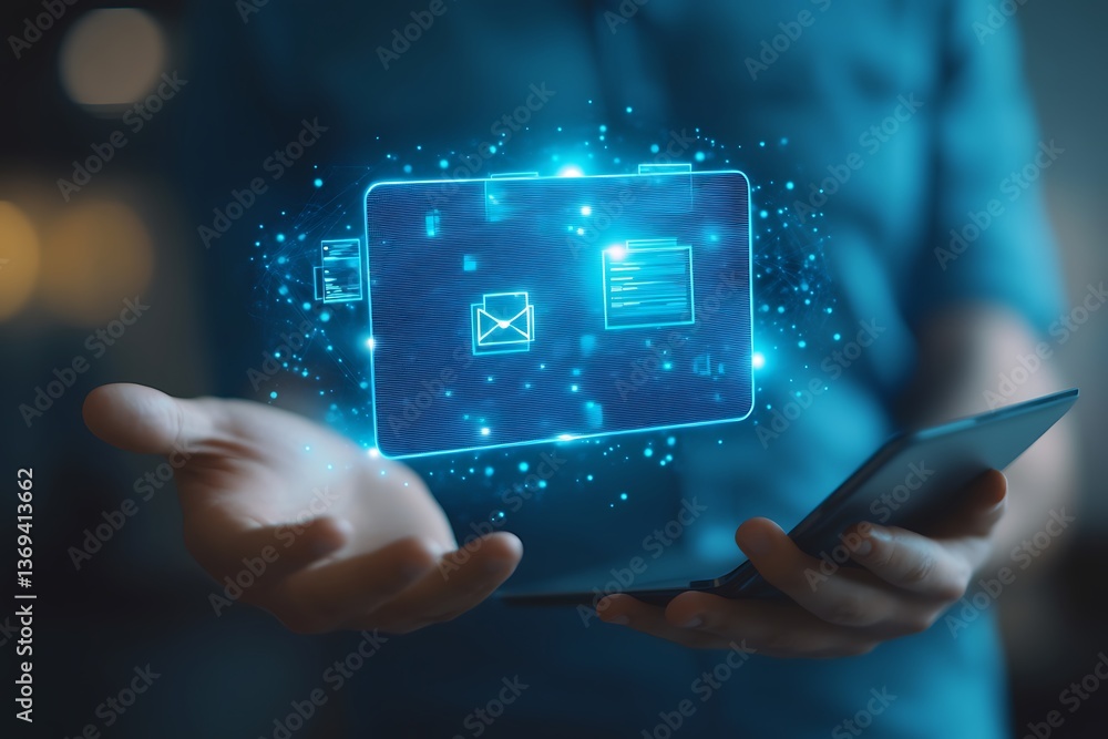 Poster glowing blue digital folder on open hands with documents and emails icon