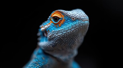 Obraz premium Close-up of a vibrant blue lizard with orange accents, set against a dark background. The lizard's scales are detailed, and its eye is prominent