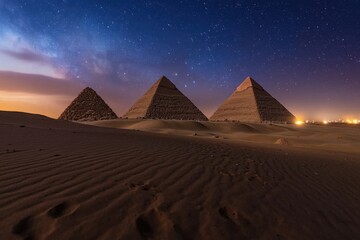Exploring the pyramids of giza at twilight a visual journey through famous landmarks golden sand dunes starry night sky and ancient egyptian wonders