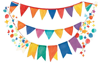 Obraz premium Vibrant Celebration, An illustration showcasing festive bunting flags in rainbow colors, perfect for adding a touch of joy and whimsy to any celebratory occasion or event