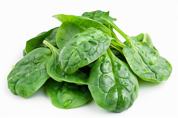 Obraz premium Fresh spinach leaves isolated on white. Healthy green vegetable, leafy greens, natural food, nutrition, cooking ingredient, vibrant color, close-up.