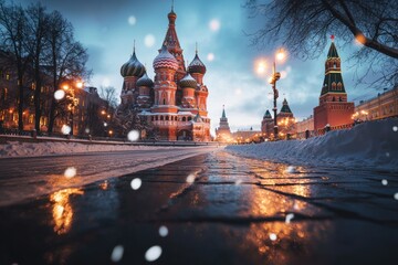 Exploring the vibrant colors of st. Basil's cathedral moscow architectural landmark winter wonderland low angle view artistic concept for captivating imagery and seo impact