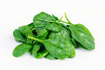 Fototapeta premium Fresh spinach leaves isolated on white. Healthy green vegetable, leafy greens, natural food, nutrition, cooking ingredient, vibrant color, close-up.
