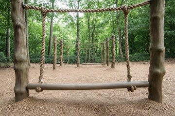 Fototapeta premium A rope swing is suspended between two trees. The rope is tied to the tree and the other end is hanging down