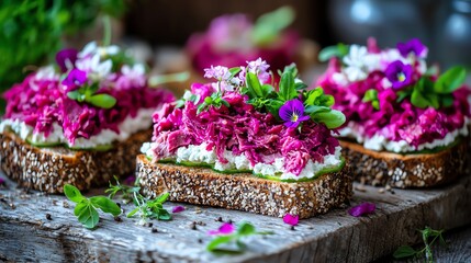 Open-faced sandwich on artisan seeded bread with roast beef with horseradish, with colorful edible flowers, rustic wooden table setting