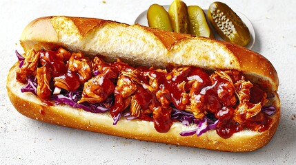 Open-faced sandwich on crusty baguette half with turkey and cranberry sauce, with colorful edible flowers, gourmet magazine style