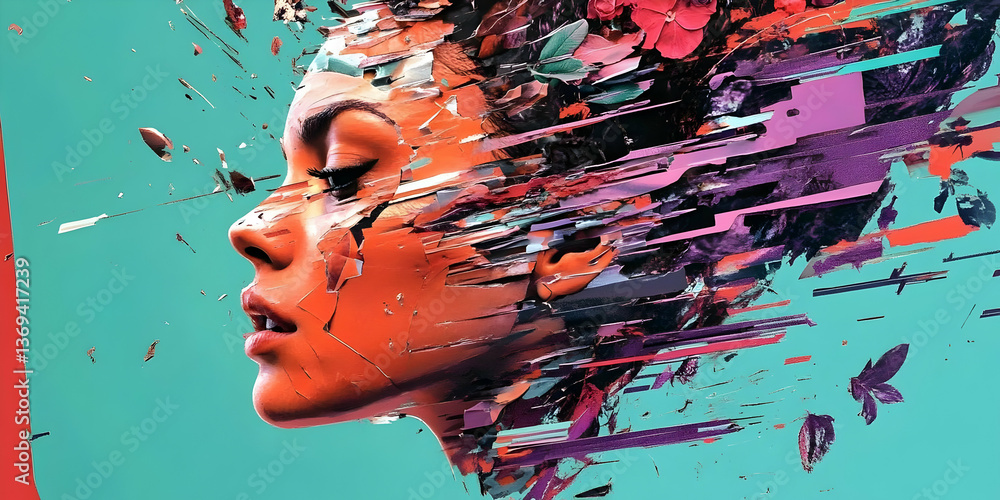 Poster abstract digital painting of a woman's face exploding into colorful fragments on a teal background