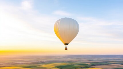 White hot air balloon floating over golden fields at sunrise