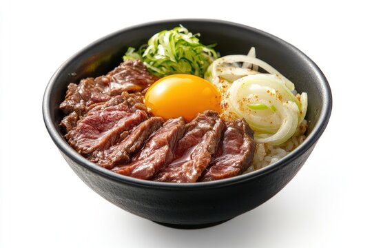 A photorealistic gyudon (Japanese beef rice bowl) featuring thin-sliced wagyu beef, onions, and a perfectly cooked egg, isolated on white.