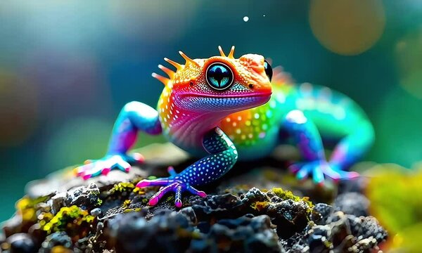 Rainbow Colored Lizard on Mossy Rock