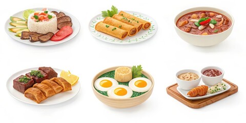 International Cuisine Concept. Variety of Delicious International Dishes on White Background Featuring Rice, Tortillas, Soup, and Pastries