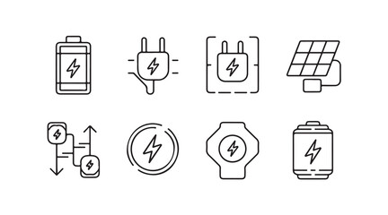 Line icons about battery charging. Contains such icons as charger, ev charger station, power bank and more. Editable vector stroke