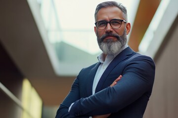Obraz premium A charismatic and friendly senior business leader, standing with confidence, well-groomed beard, wearing a stylish suit, bright and modern setting.