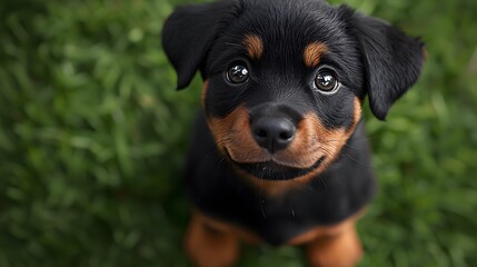 Fototapeta premium Adorable Rottweiler puppy in lush green grass