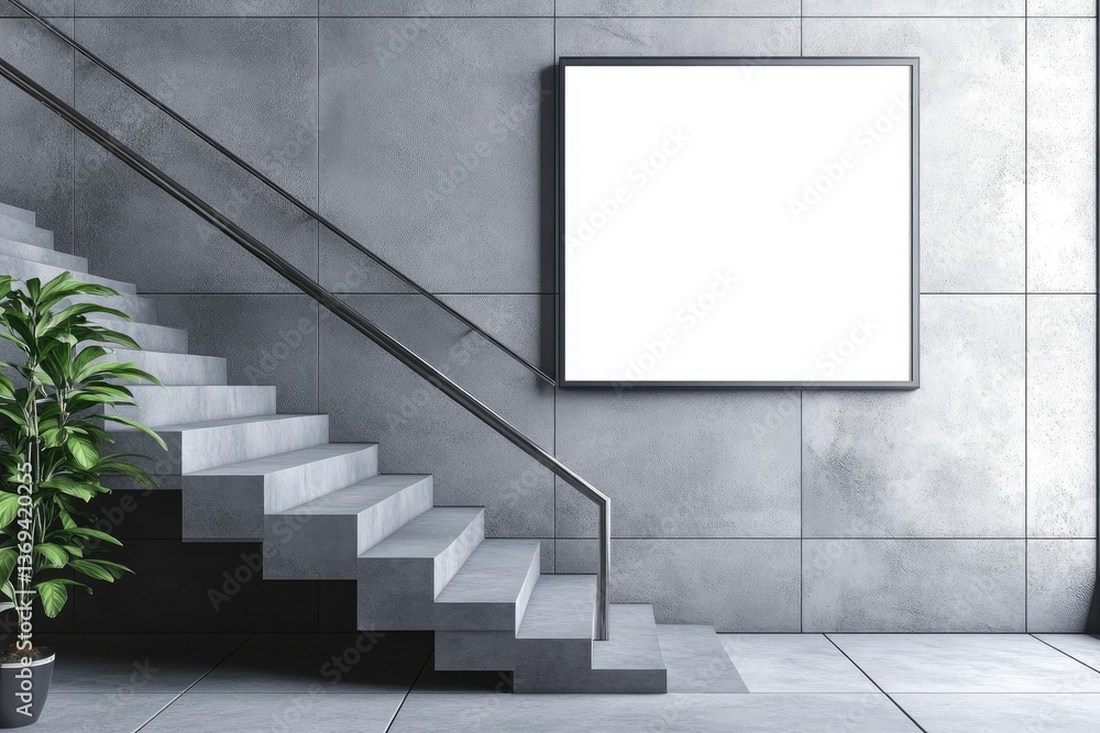 Poster modern gallery poster mockup on a geometrically patterned wall with staircase 3d rendering