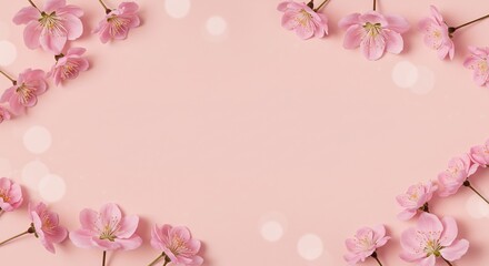 Fototapeta premium Soft pink blossoms delicately frame a pastel background creating a serene spring scene.. AI Generated