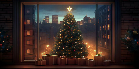 Illuminated Christmas Tree Viewed Through City Window at Night, Presents Underneath, Festive Holiday Atmosphere