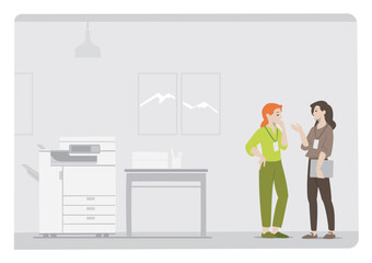 2 woman having serious discussion work with setting on an office environment with copier, work desk, photos and grey background