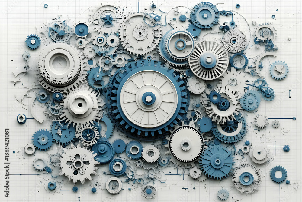 Poster 3d render of interlocking gears: abstract mechanical background in blue and white