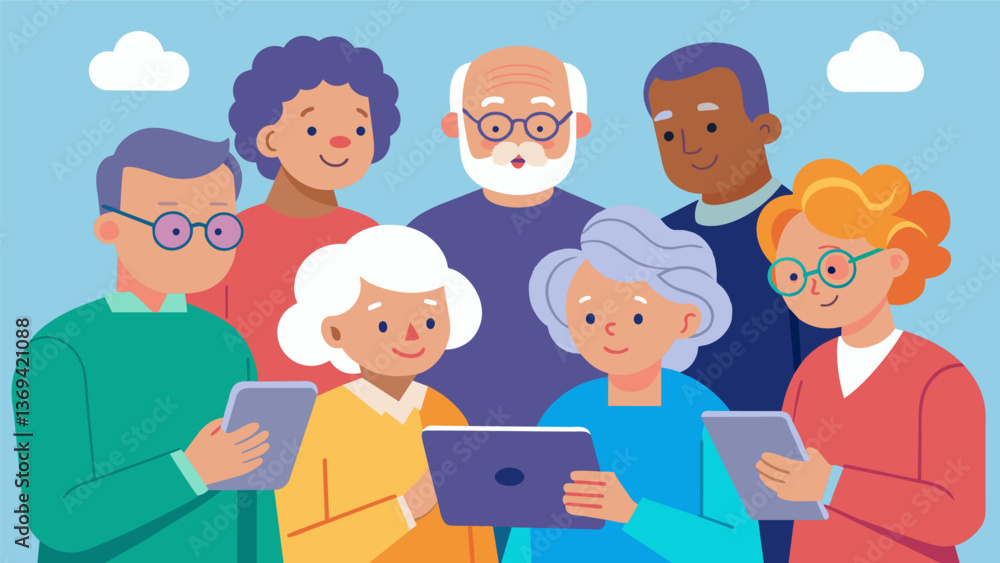 Poster in a retirement home a group of seniors gather around a tablet to play interactive brain games and s