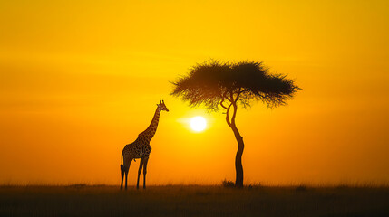 Giraffe silhouette at sunset in african savanna landscape wildlife photography nature background
