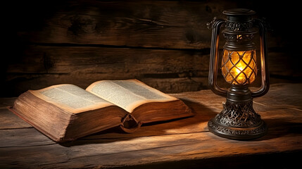 Antique Lantern Illuminates Open Book on Rustic Wooden Table, creating a dimly lit, vintage scene.