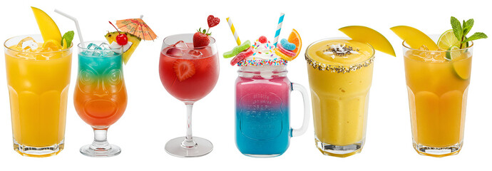 Assortment of colorful tropical cocktails and beverages on display transparent background