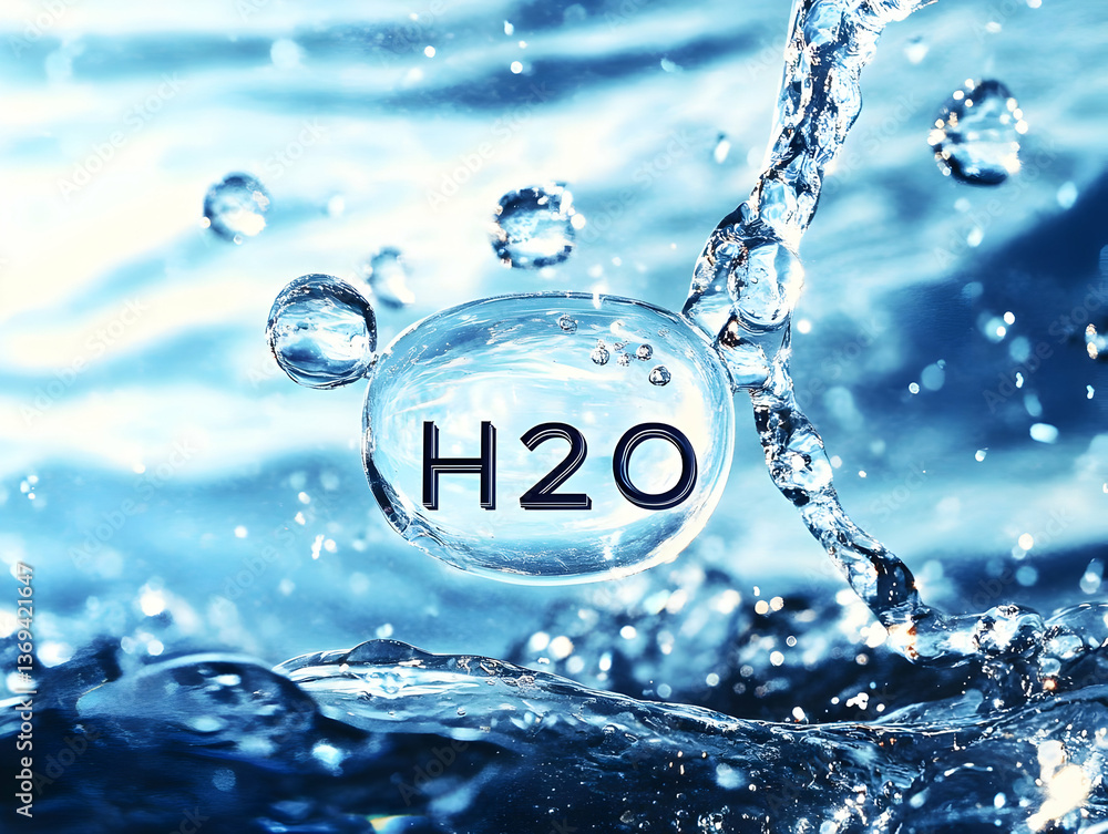 Poster dynamic water droplets displaying h2o formula in an abstract blue background