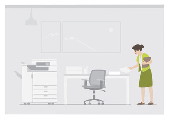 woman on office environment with grey background handling a document next to table and copier machine