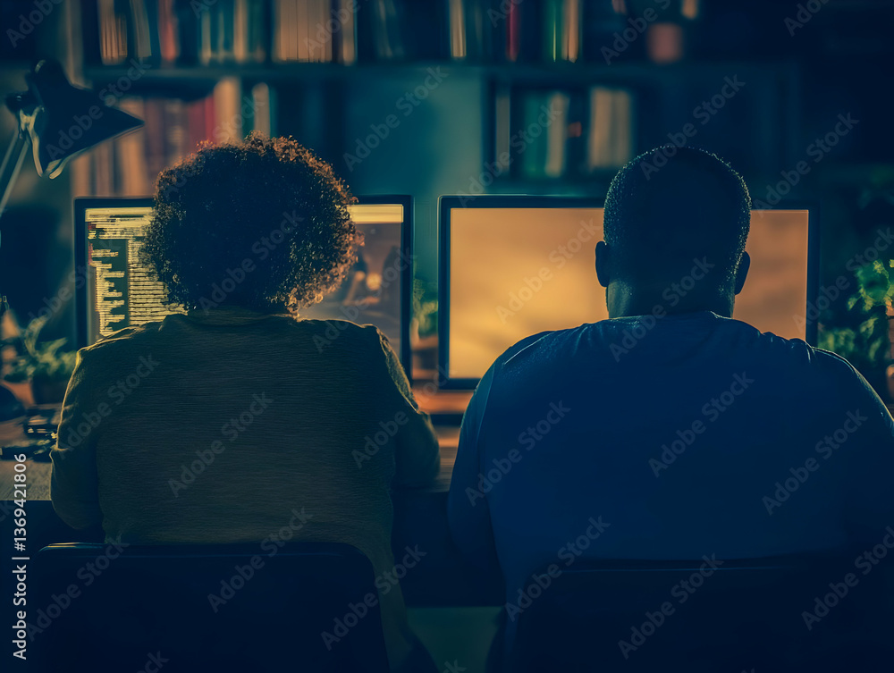 Poster silhouetted individuals intently work on illuminated computer screens in a dimly lit room, showcasin