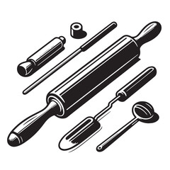 Black Color Rolling Pin Silhouette Vector Illustration, Solid White Background