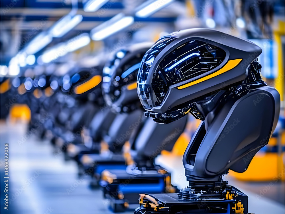 Poster industrial robot arms in assembly line: a futuristic automated manufacturing process in a high-tech 