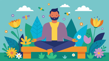 A man sitting on a bench in a community garden surrounded by vibrant flowers and the sound of buzzing bees while practicing a body scan meditation.. Vector illustration