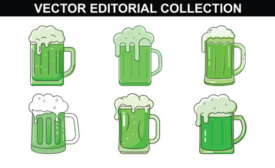 Green Beer Mugs Vector Illustration Set, A collection of six vector illustrations featuring green beer mugs with foam, perfect for St. Patrick's Day, festive, and celebratory designs.
