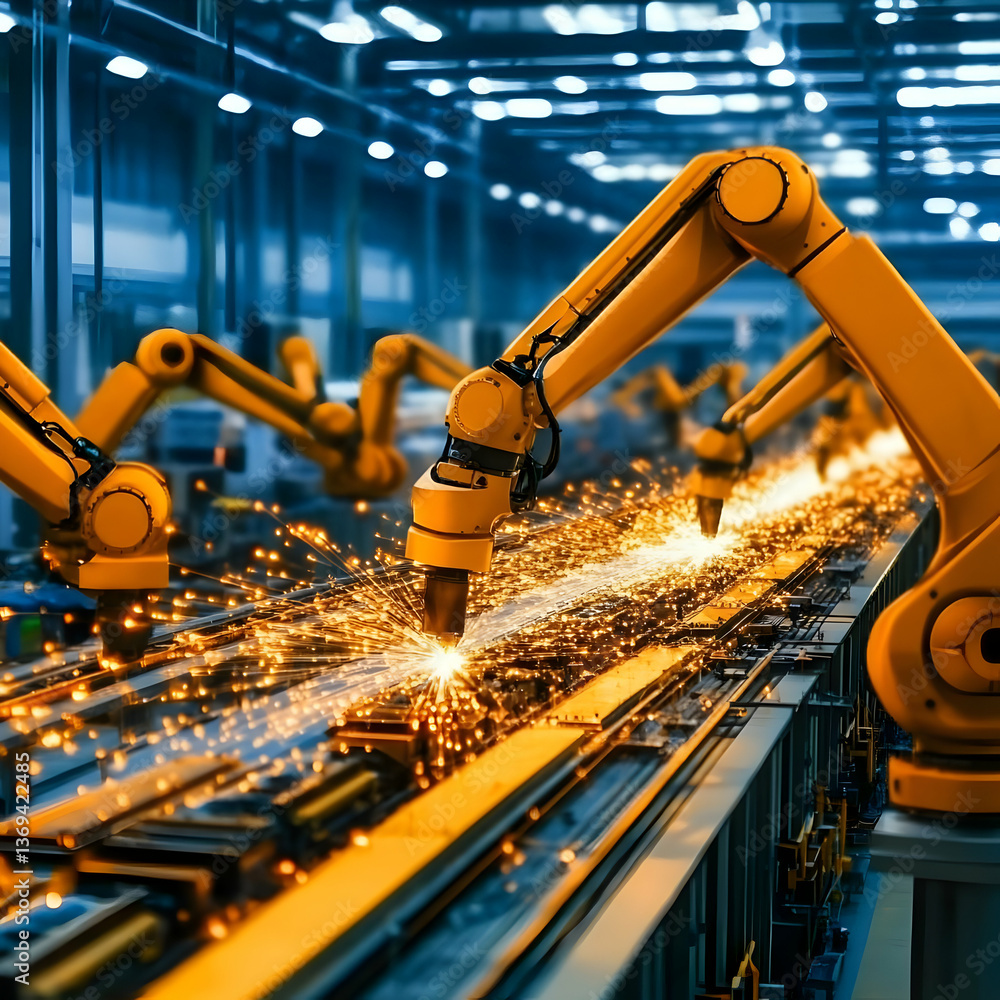 Poster industrial robots weld metal on automated assembly line with sparks, modern factory automation proce